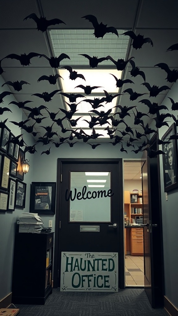 Office entrance decorated with hanging bats and a sign saying 'The Haunted Office'.