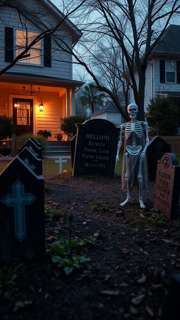 A haunted graveyard scene with a skeleton and tombstones in a yard during twilight.