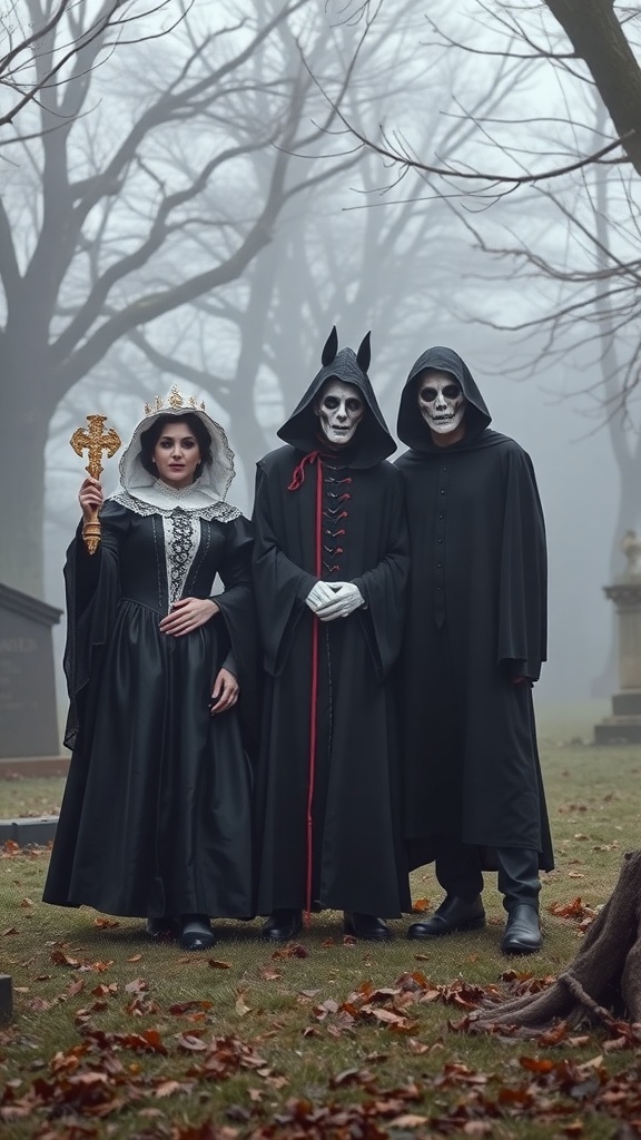 Three individuals in a foggy graveyard, dressed as haunted historical figures for Halloween.