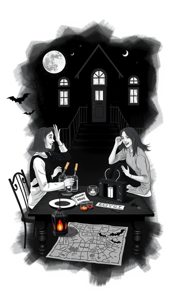 Two friends planning a haunted house visit with a map and drinks.
