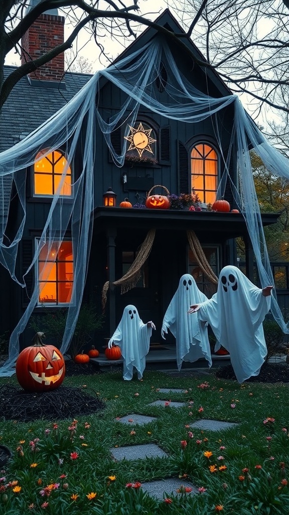 A spooky house decorated for Halloween with ghosts and pumpkins.
