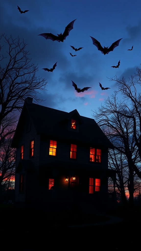 A haunted house at dusk with glowing windows and bats flying in the sky.