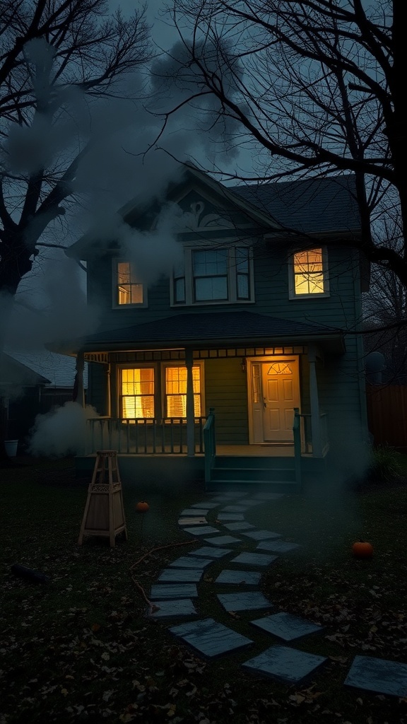 A haunted house with glowing windows, fog, and a stone path leading to the entrance, perfect for a Halloween party.