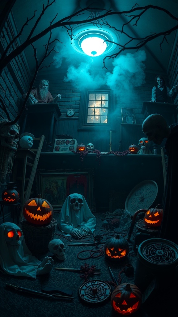 A spooky haunted house scene with glowing jack-o'-lanterns, skeletons, and eerie lighting.