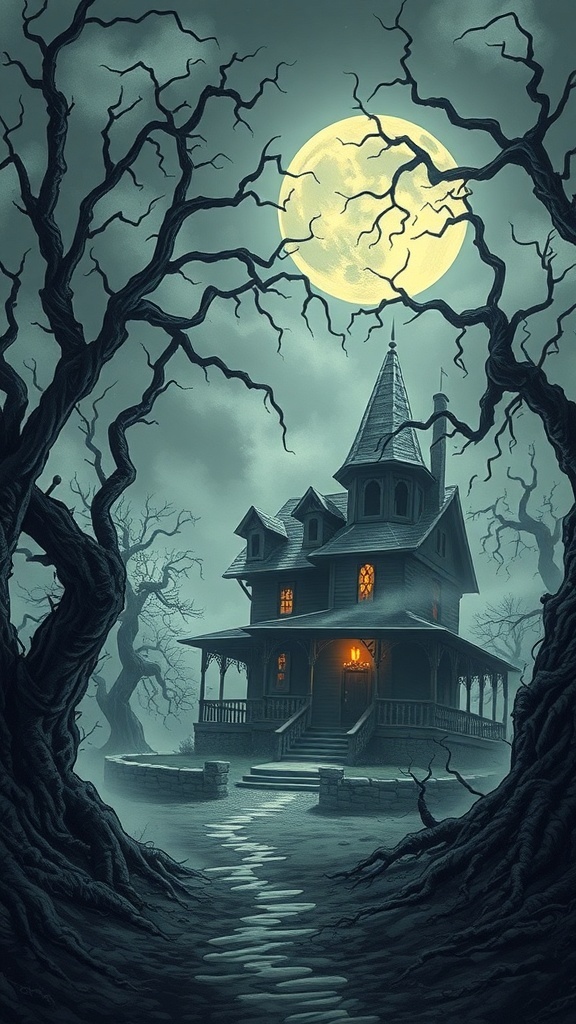 A spooky haunted house illustration with a full moon and twisted trees.