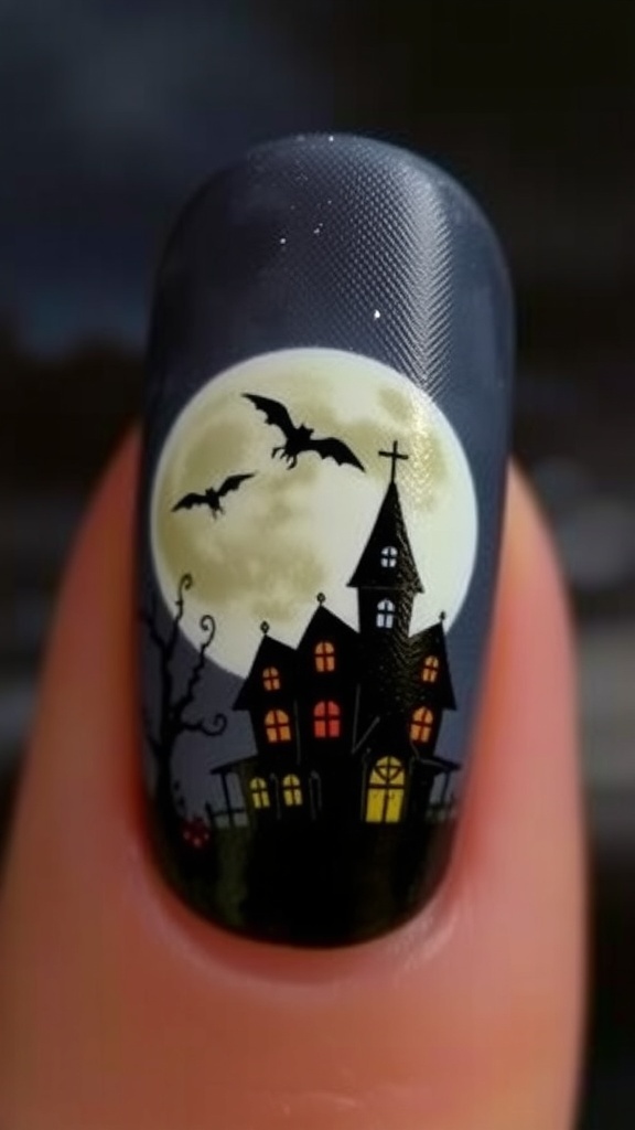 Nail art featuring a haunted house silhouette against a full moon with bats flying.
