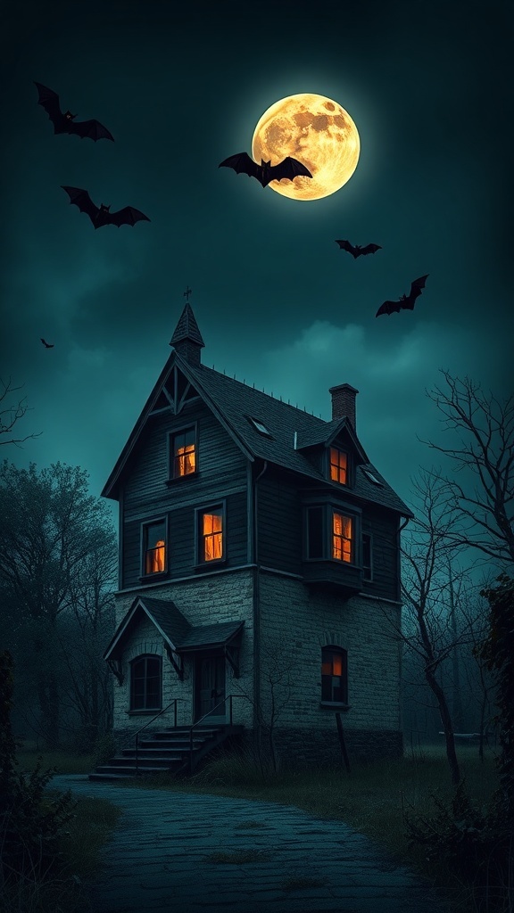 A haunted house on a hill with a full moon and bats flying around