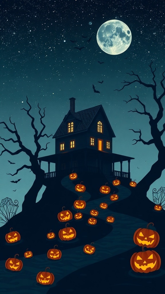 A haunted house on a hill with glowing windows, surrounded by twisted trees and jack-o'-lanterns under a full moon.