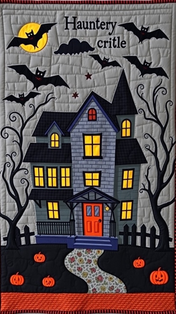 A colorful quilt block featuring a haunted house with bats, pumpkins, and a full moon.