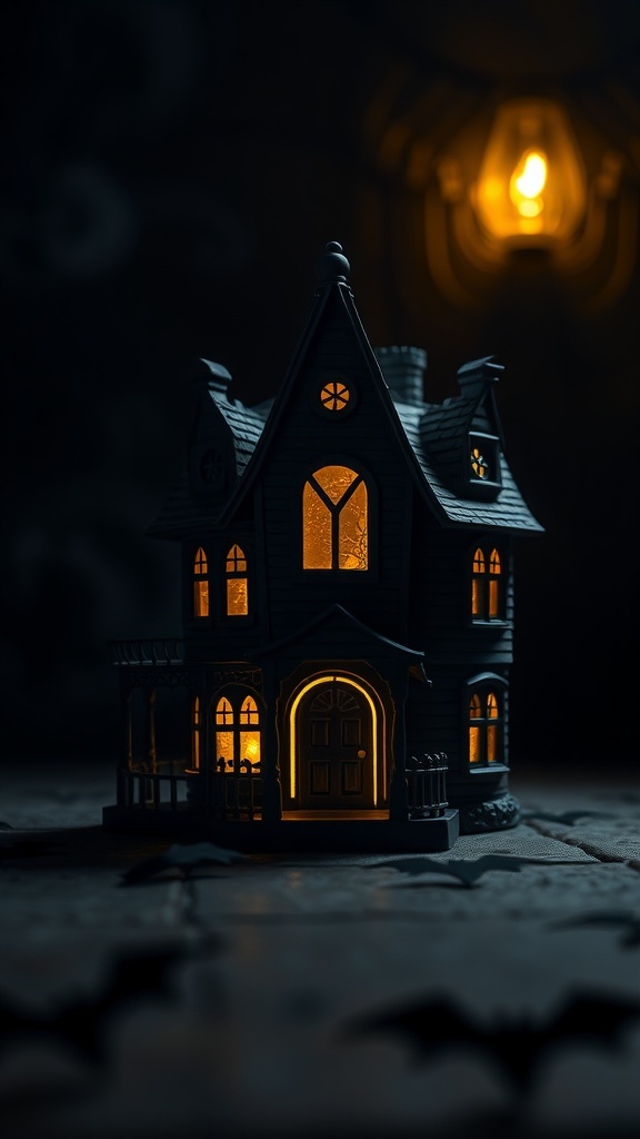 A small haunted house model with glowing lights, set against a dark background.