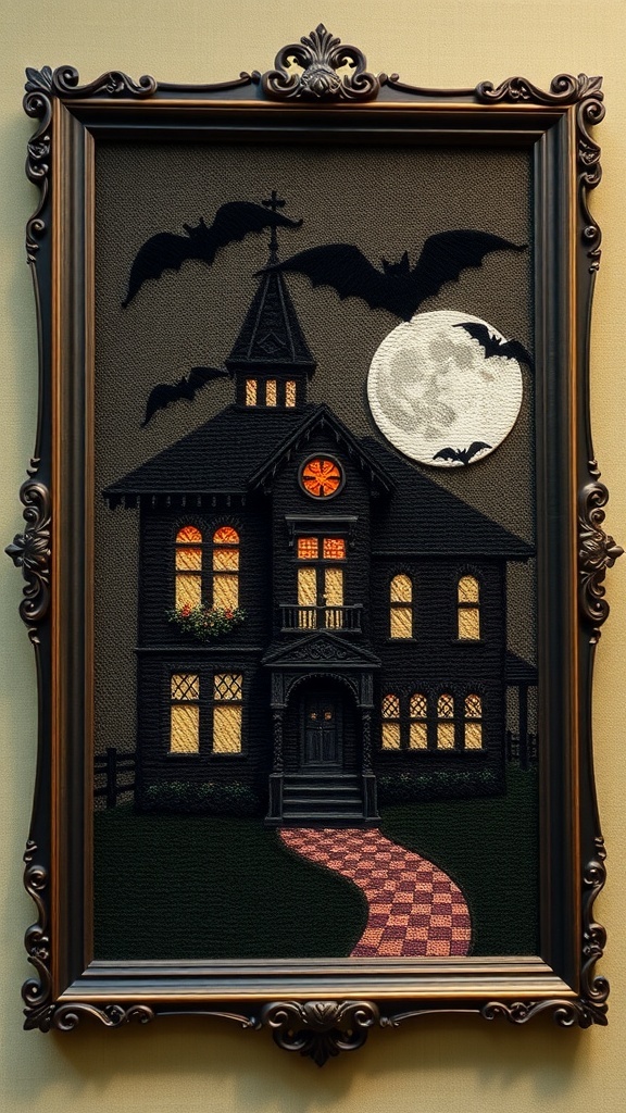Embroidery of a haunted house with bats and a full moon