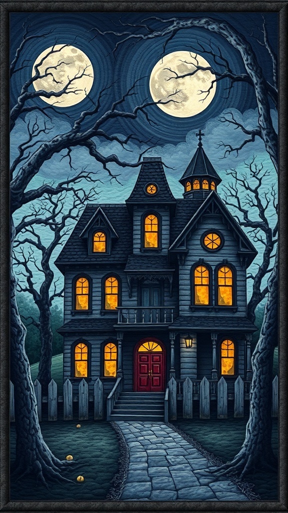 A haunted house with a red door, glowing windows, and two moons in the night sky.