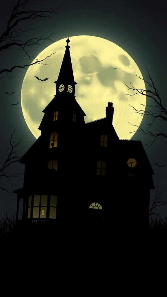 Silhouette of a haunted house against a full moon with bats flying around.