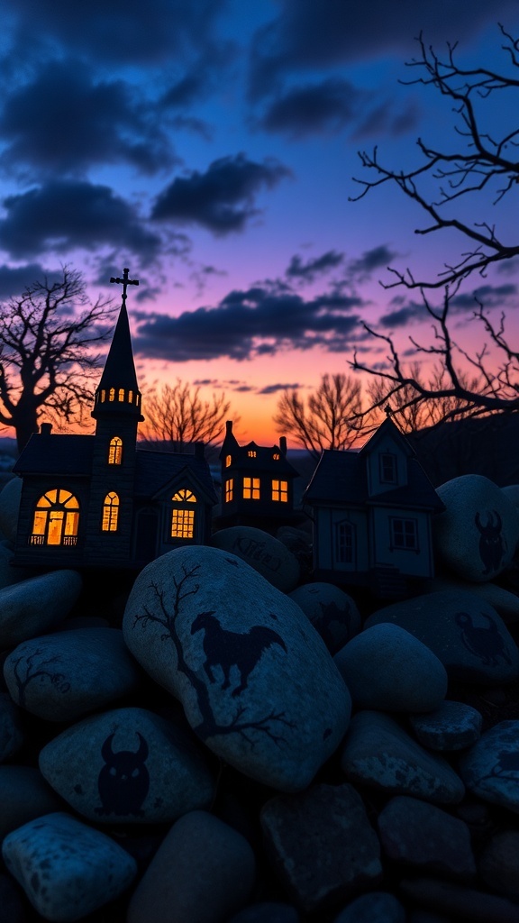 Silhouettes of haunted houses against a colorful sunset sky with painted rocks in the foreground.