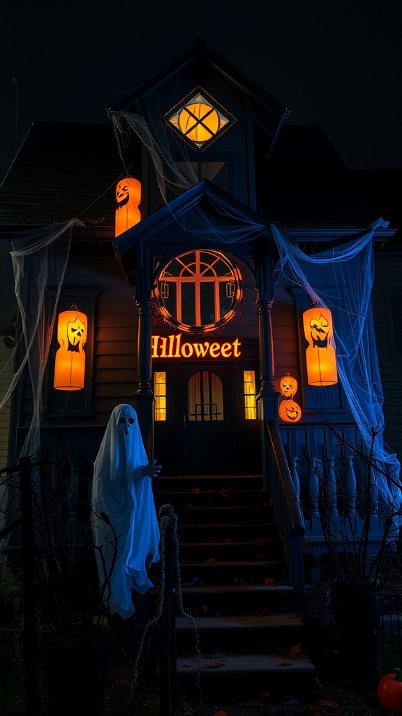A haunted house decorated for Halloween with glowing pumpkins, ghost figures, and cobwebs.