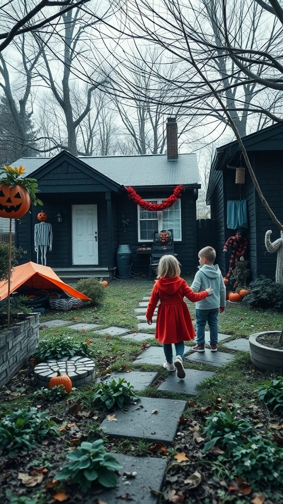 Two children walking hand in hand down a stone path in a decorated yard for a Halloween-themed birthday party.