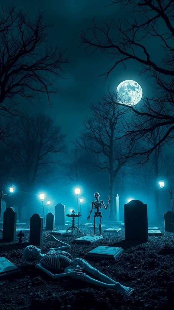 A spooky graveyard scene illuminated by flood lights, featuring skeletons and tombstones under a full moon.