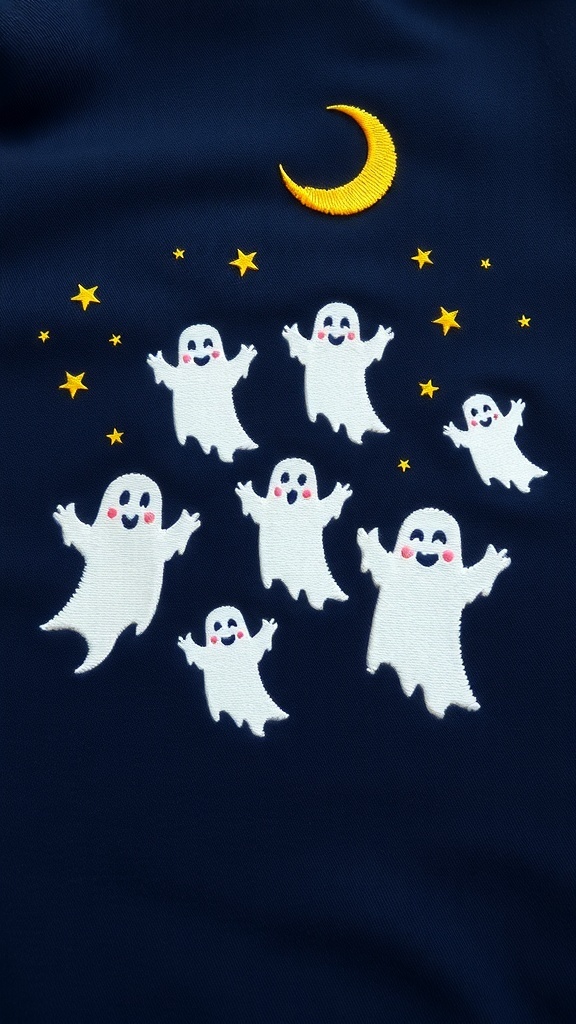 Embroidery design featuring playful ghost silhouettes, a crescent moon, and stars on a dark background.