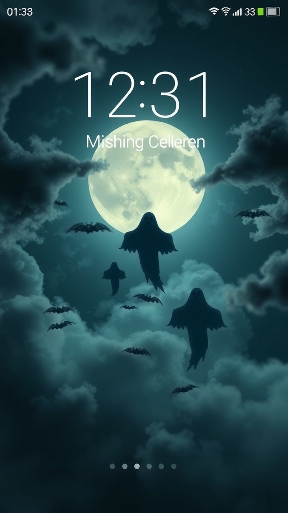 A spooky Halloween lockscreen featuring ghost silhouettes and bats against a full moon.