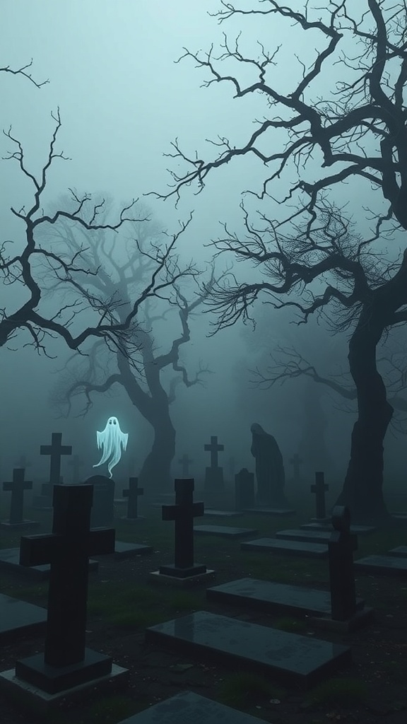 A spooky Halloween wallpaper featuring ghost silhouettes in a foggy graveyard with twisted trees.
