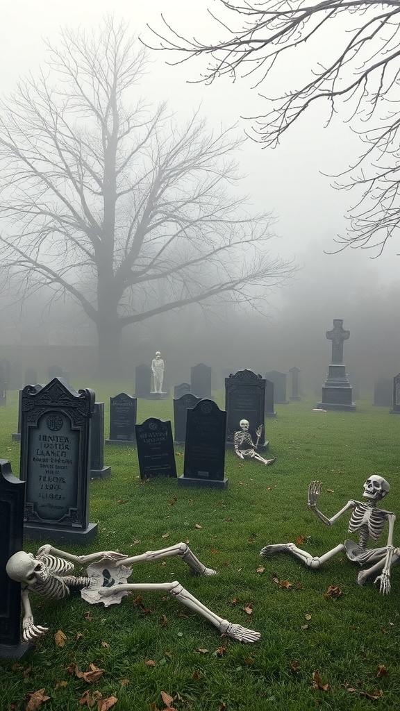 A foggy graveyard scene with tombstones and skeletons on the grass.
