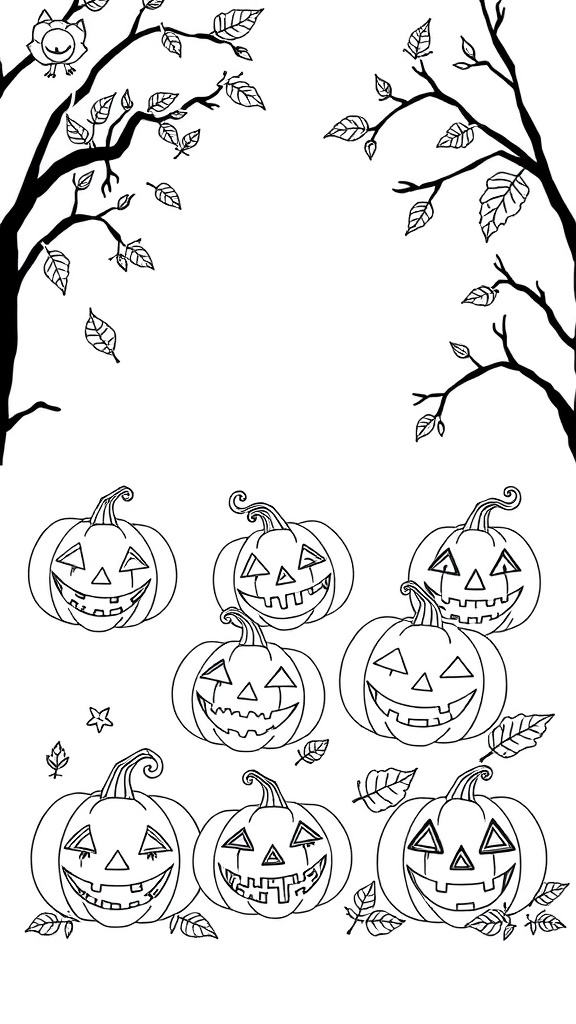 A collection of jack-o'-lanterns with various expressions surrounded by branches and leaves.