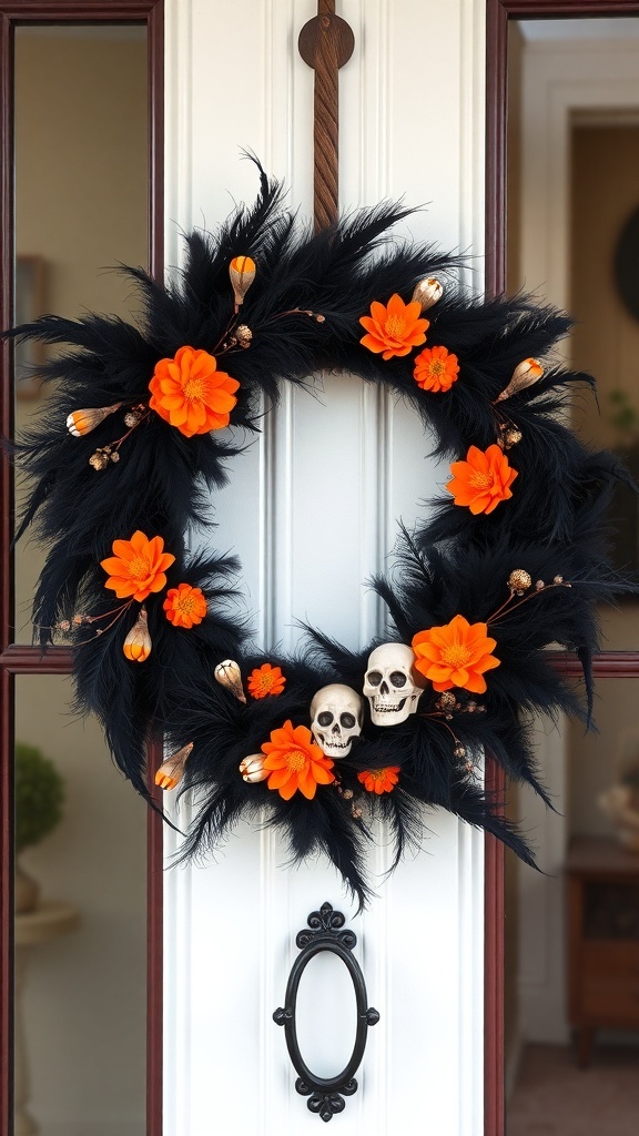 A Halloween wreath featuring black feathers, orange flowers, and skulls, hanging on a door.