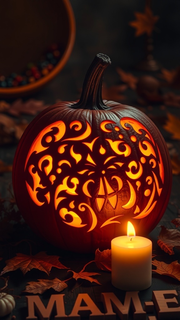 A creatively carved pumpkin with intricate designs, glowing from within, accompanied by a candle and autumn leaves.