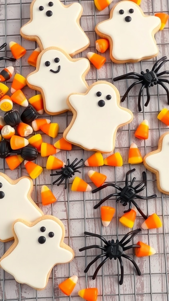 Ghost-shaped cookies with candy corn and plastic spiders