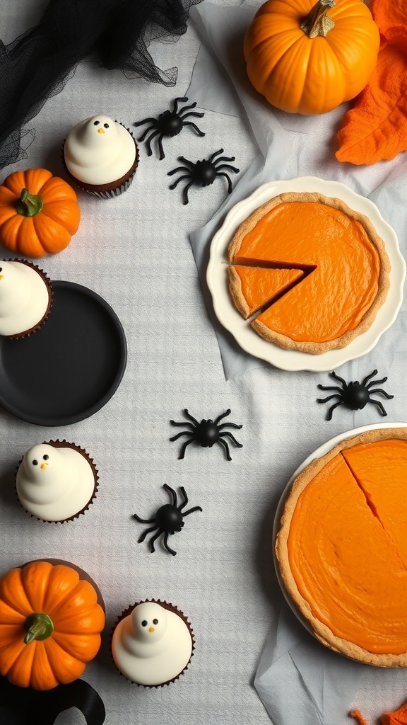 A Halloween treat display featuring pumpkin pie, ghost cupcakes, mini pumpkins, and plastic spiders.