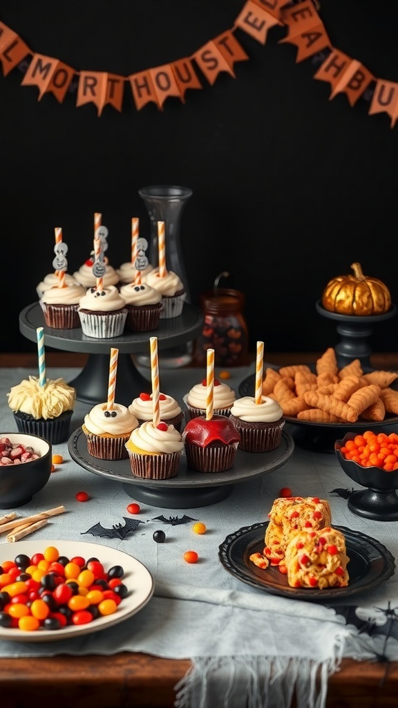 A Halloween-themed table filled with cupcakes, candies, and snacks, decorated with a festive banner.