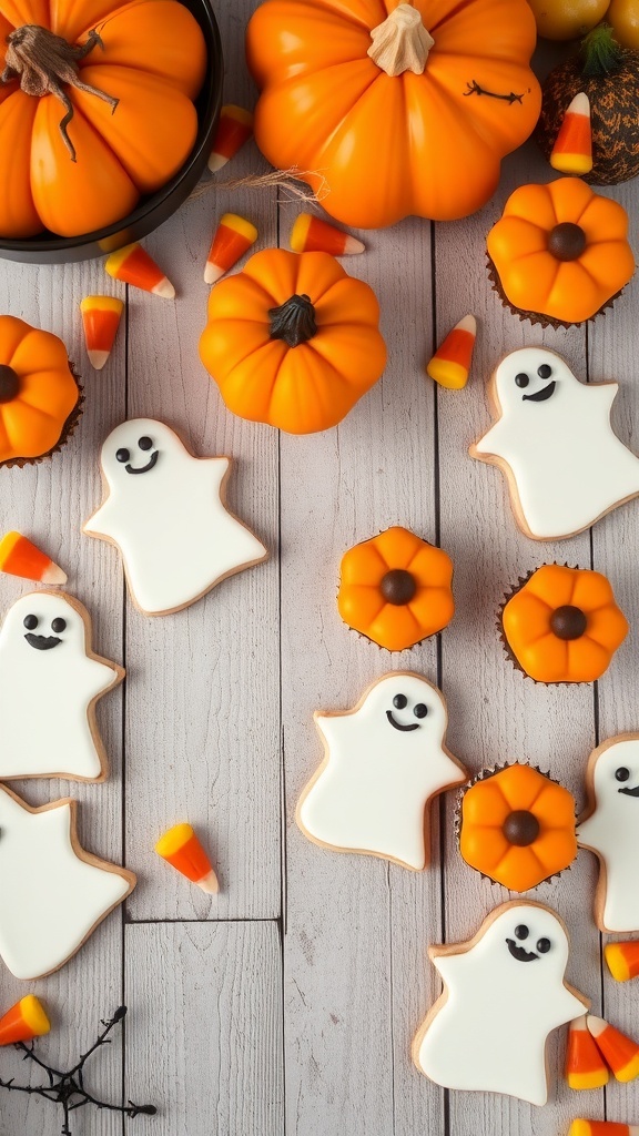 A festive Halloween treat display featuring ghost-shaped cookies, pumpkin cupcakes, and candy corn.