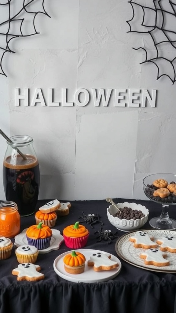 A Halloween-themed dessert table with cupcakes, cookies, and drinks.