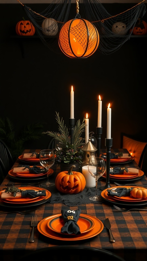 A Halloween-themed table setting featuring orange plates, black napkins, a carved pumpkin centerpiece, and candles.