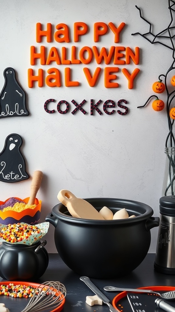 A Halloween-themed baking station with a black cauldron, colorful sprinkles, and festive decorations.