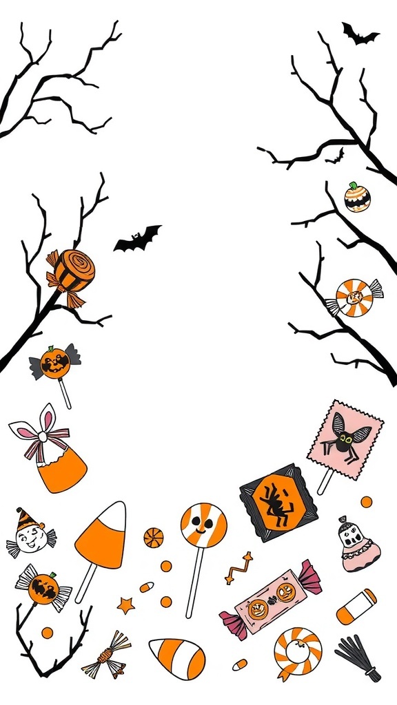 A collection of Halloween-themed candies and treats, including candy corn, lollipops, and spooky decorations.