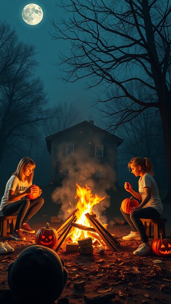 Two kids sitting by a campfire, holding pumpkins, with a full moon and a spooky house in the background.