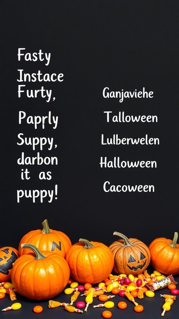 A collection of playful Halloween-themed usernames with pumpkins and candy in the background.