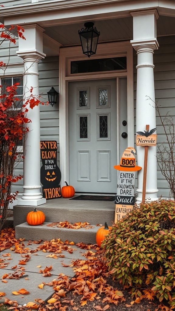 Halloween porch decorations featuring playful yard signs and pumpkins