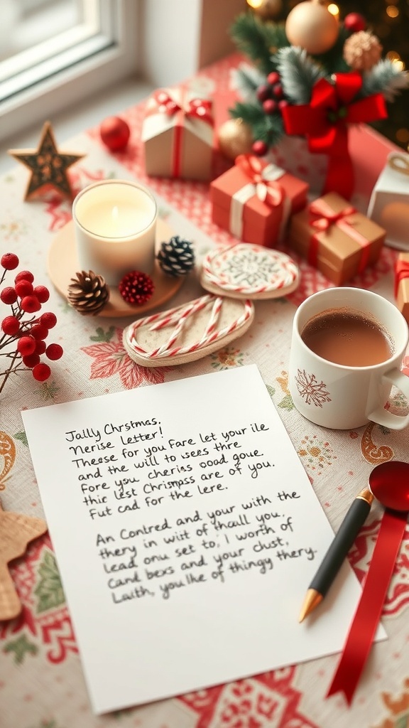 A handwritten Christmas letter on a festive table with decorations, cookies, and a cup of cocoa.
