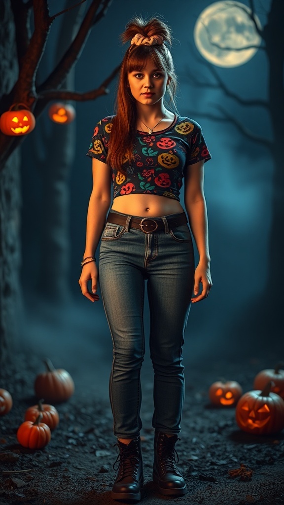 A young woman in high-waisted jeans and a pumpkin print top, styled with a scrunchie, standing in a Halloween-themed setting.