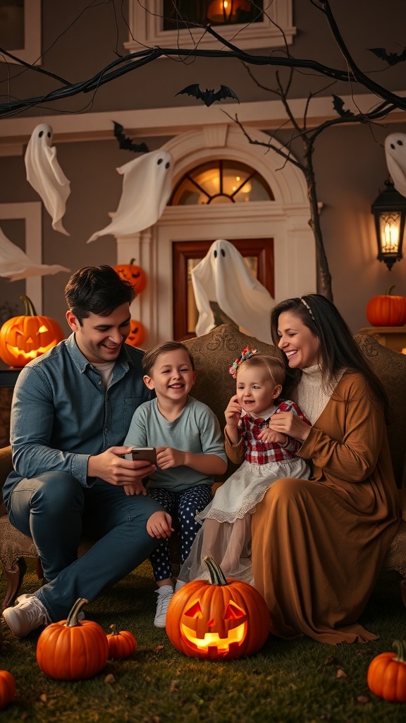 A family enjoying Halloween with pumpkins and ghost decorations