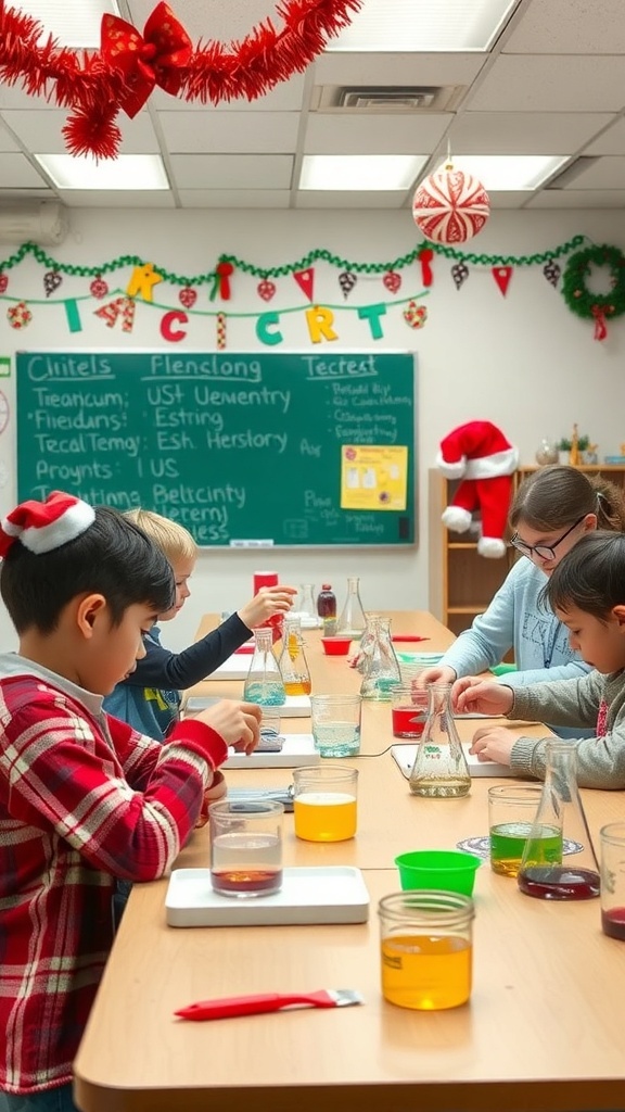 Students conducting science experiments in a festive classroom decorated for Christmas.