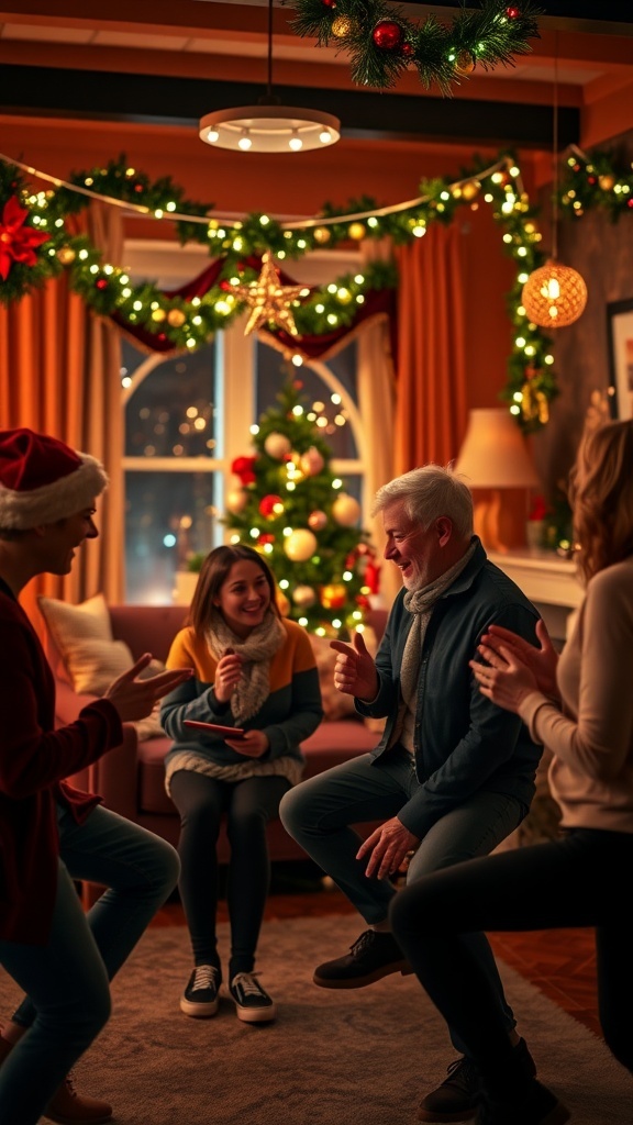 A festive gathering playing holiday charades in a decorated living room