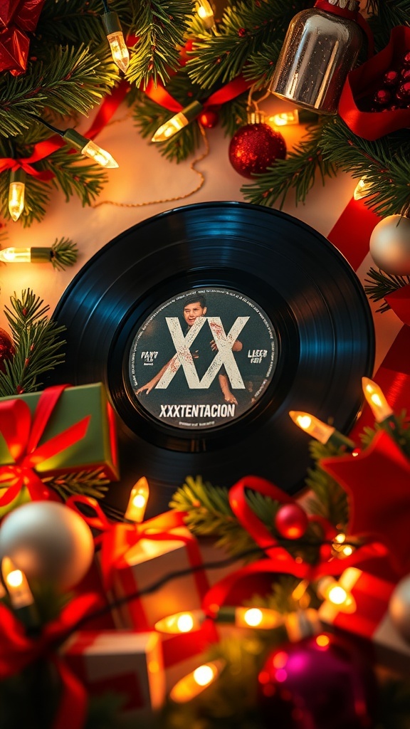 A vinyl record of XXXTentacion surrounded by Christmas decorations, including lights, presents, and greenery.