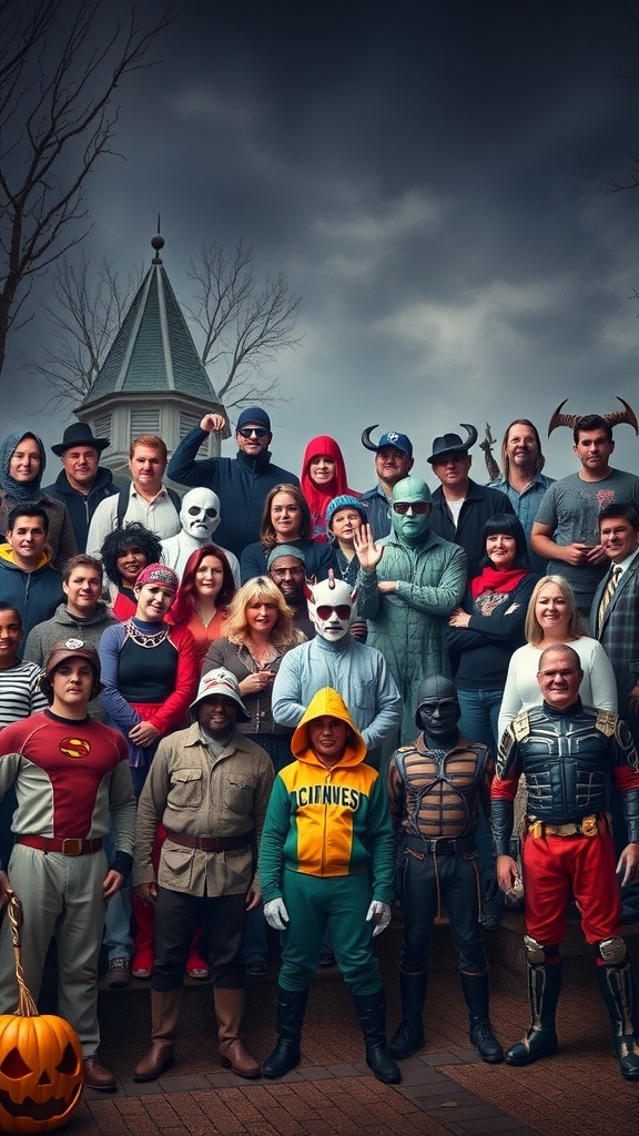 A group of people in various costumes celebrating Halloween, showcasing iconic 2000s themes.