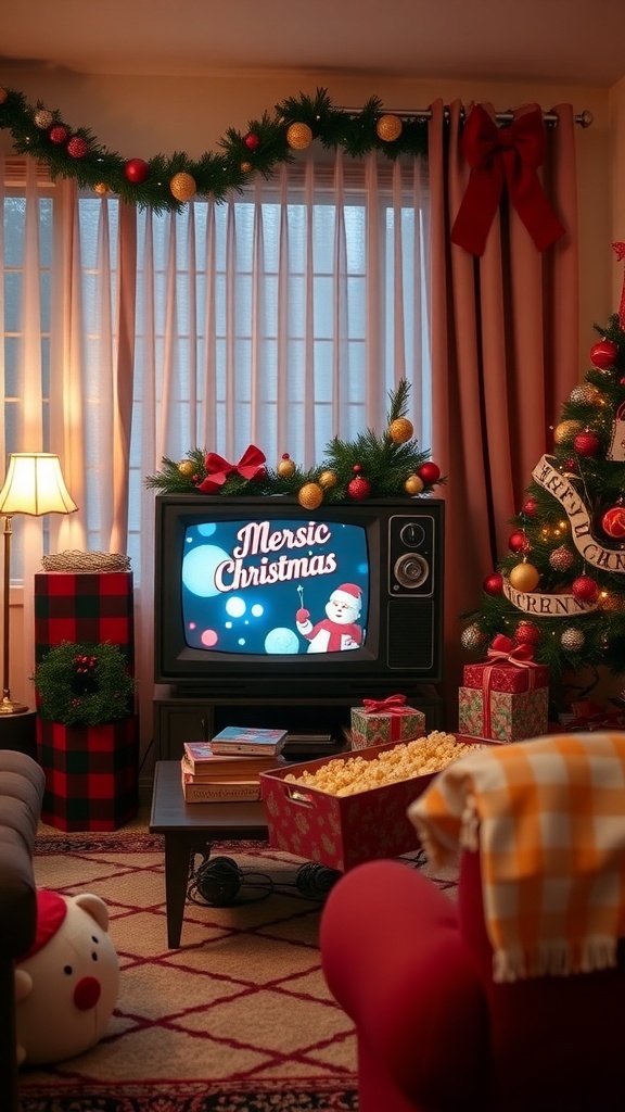 A cozy living room decorated for Christmas with a vintage TV showing a festive special.
