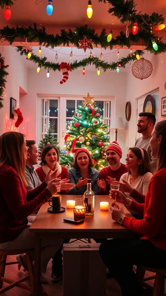 A festive gathering with friends and family celebrating Christmas, decorated with lights and a Christmas tree.