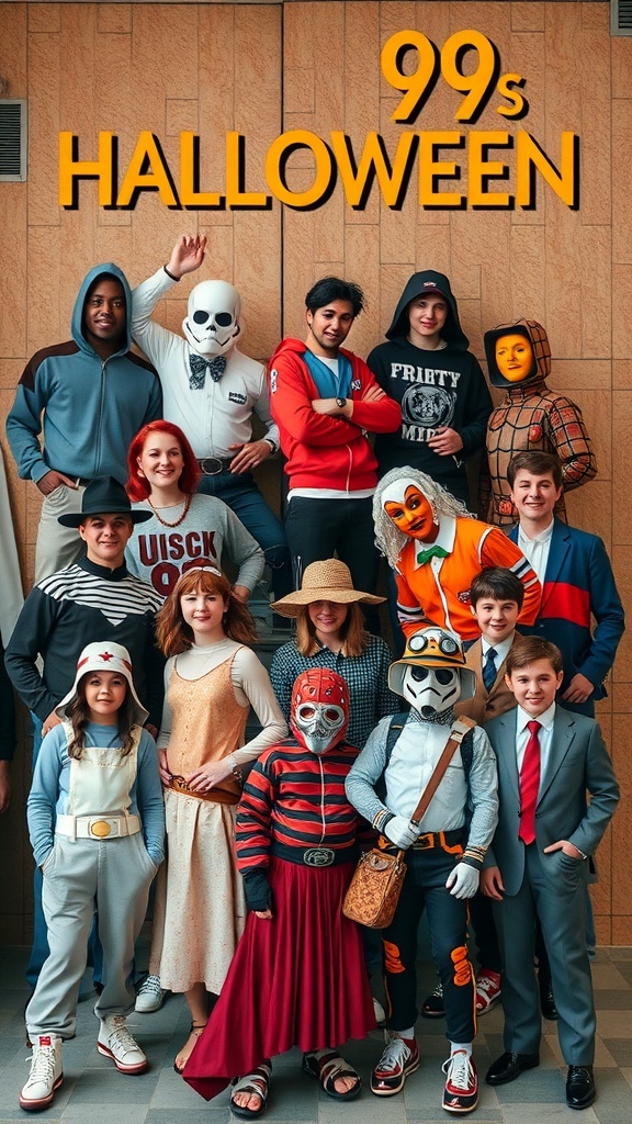 Group of friends in 90s Halloween costumes, showcasing a variety of styles and characters.