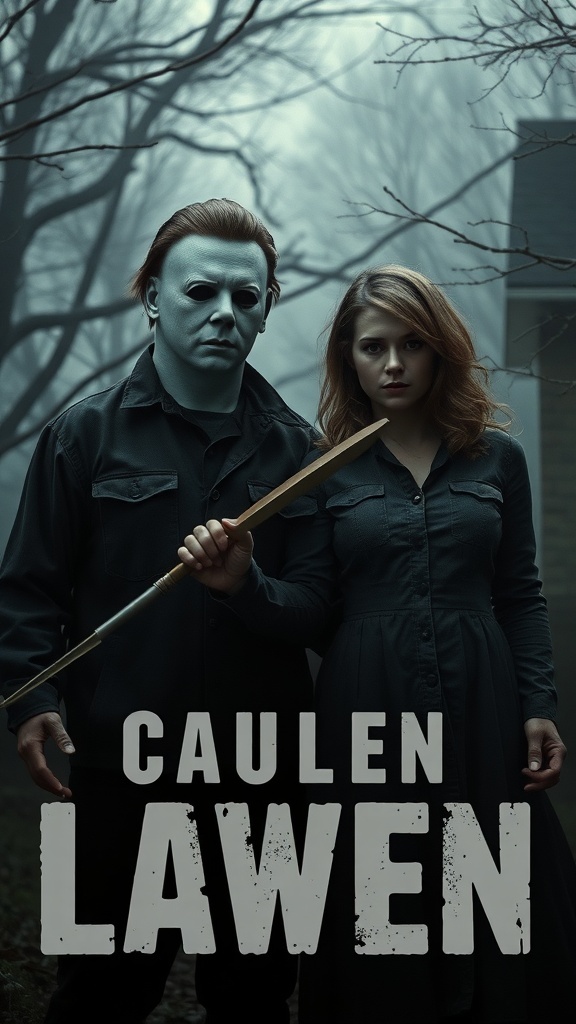 A scene featuring Michael Myers and a female character, both in dark clothing, set in a foggy environment.